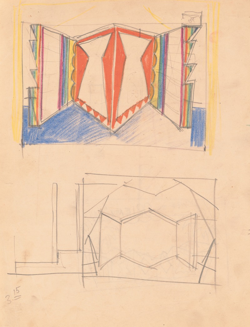 Winold Reiss - Designs for staged commercial or trade exhibition displays of coal-fired water heaters and furniture.] [Perspective sketch in orange with rainbow edges