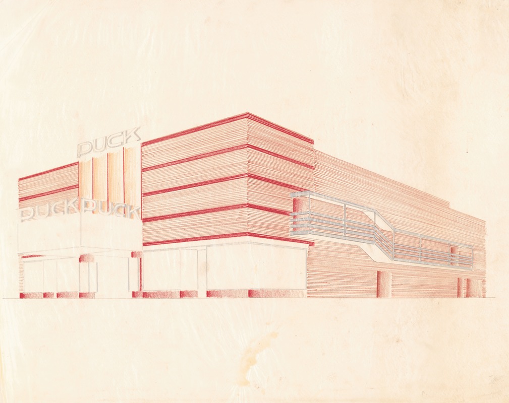 Winold Reiss - Designs for the Puck Theater (later Elgin Movie Theater, then Joyce Movie Theater), New York, NY.] [Exterior perspective study.