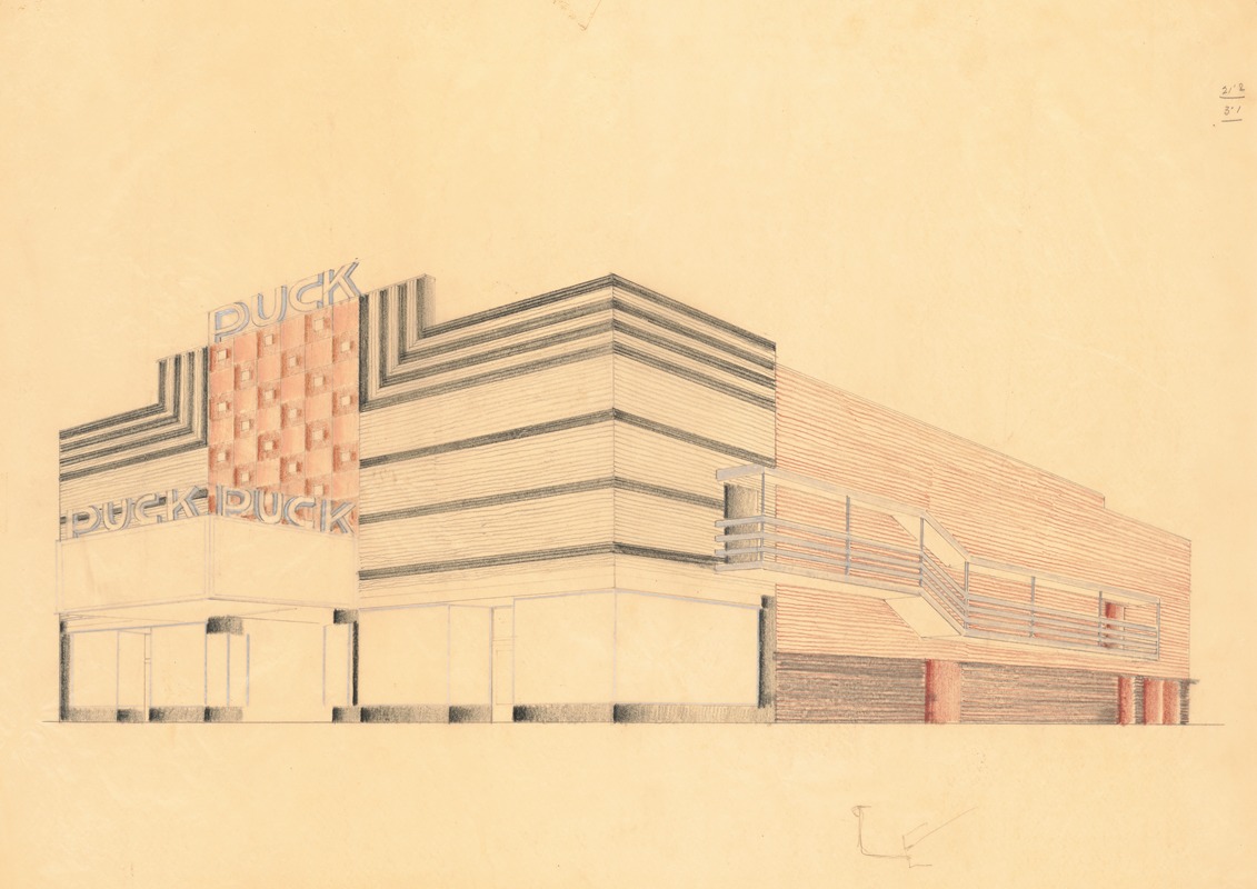 Winold Reiss - Designs for the Puck Theater (later Elgin Movie Theater, then Joyce Movie Theater), New York, NY.] [Exterior perspective study