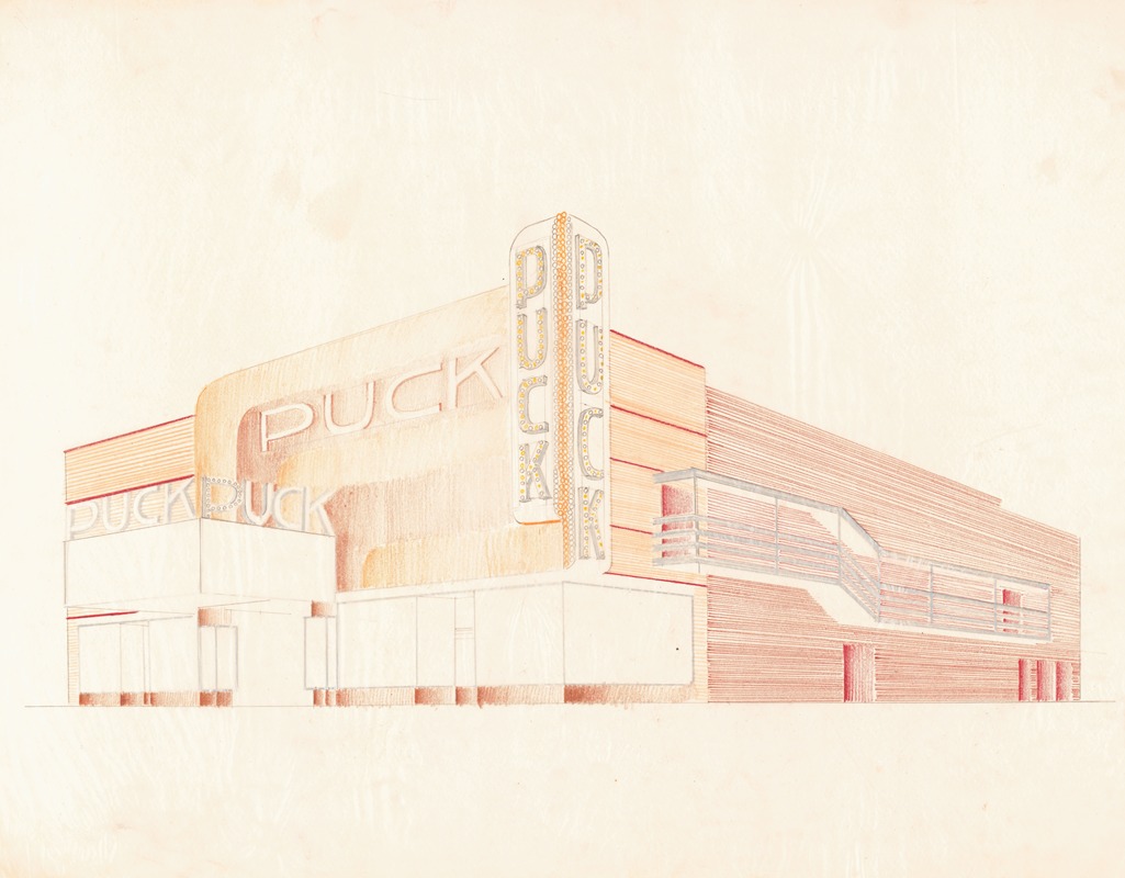 Winold Reiss - Designs for the Puck Theater (later Elgin Movie Theater, then Joyce Movie Theater), New York, NY.] [Exterior perspective study