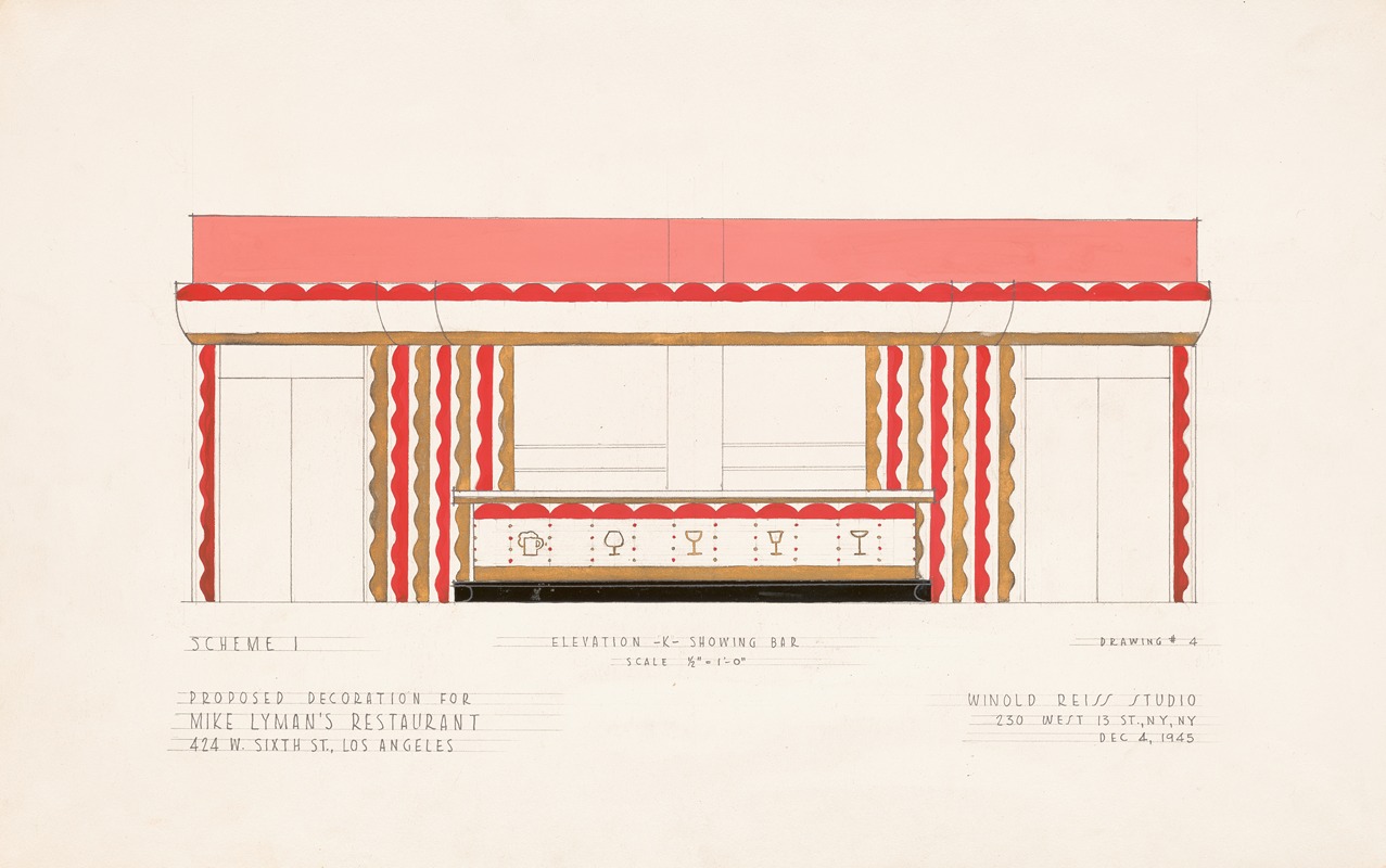 Winold Reiss - Drawings for proposed decorations of Mike Lyman’s Restaurant, 424 W. Sixth St. Los Angeles, CA.] [Scheme 1; elevation – K – showing bar
