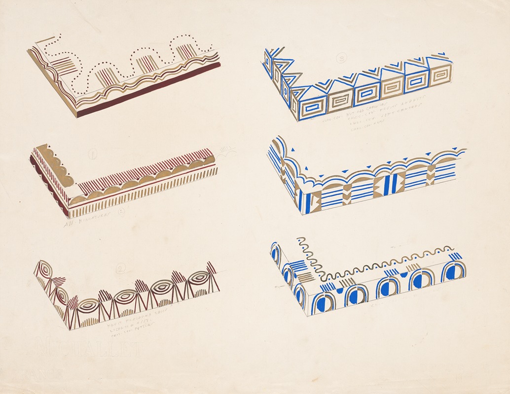 Winold Reiss - Graphic design drawings for Barricini Candy packages.] [3-D Study for 6 rectangular boxes (2 sides partially shown)