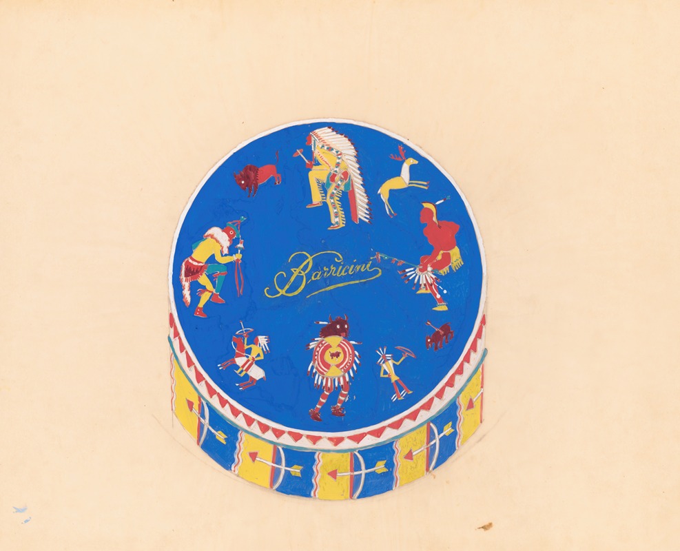 Winold Reiss - Graphic design drawings for Barricini Candy packages.] [3-D Study, circular candy box with Indian motif on blue background