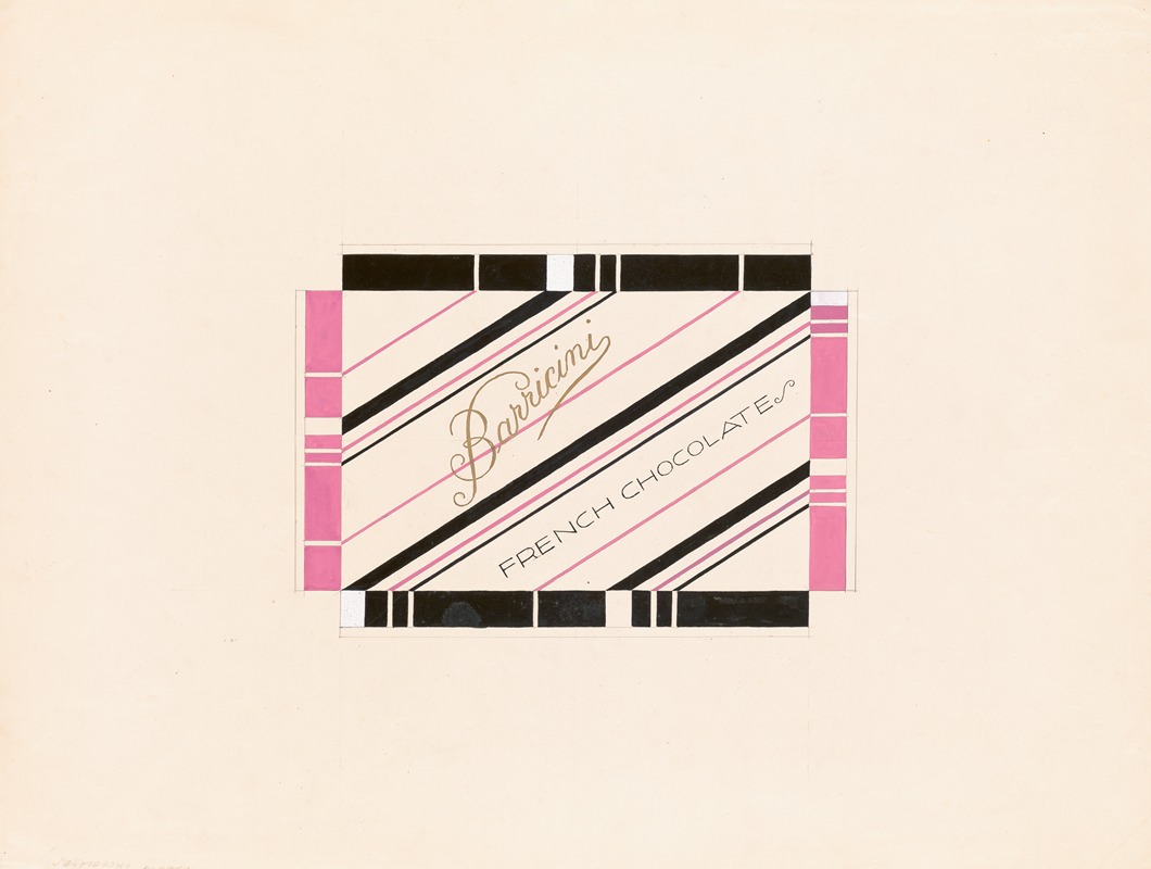 Winold Reiss - Graphic design drawings for Barricini Candy packages.] [Study, ‘French Chocolates’ candy box, pink and black