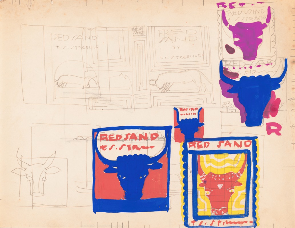 Winold Reiss - Graphic design for cover of the book ‘Red Sand’., Sketches with bull’s head and body