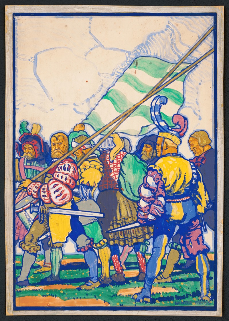 Winold Reiss - Graphic designs for Scribner’s Magazine cover, Medieval Festival theme.] [Colored drawing of men with medieval clothing and weapons
