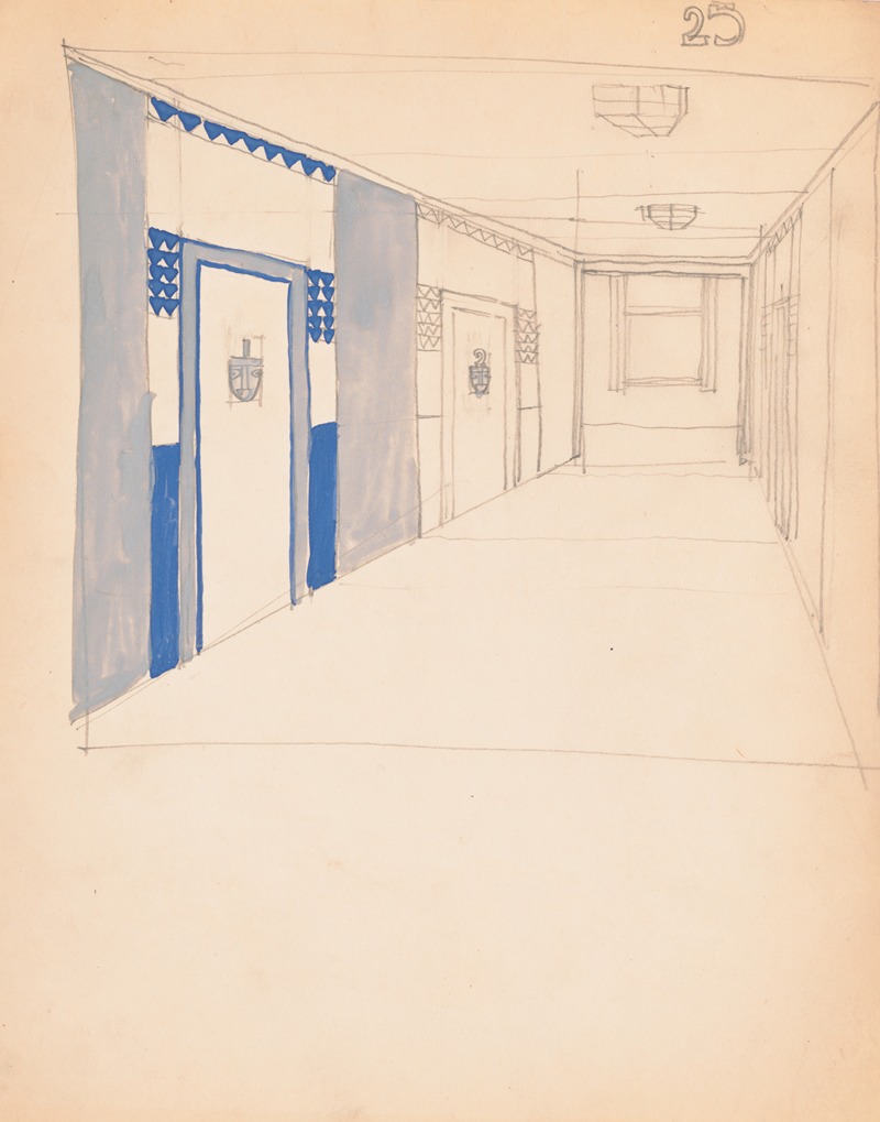 Winold Reiss - Interior design sketches for Alamac Hotel, 71st and Broadway, New York, NY.] [Incomplete interior perspective of a hallway