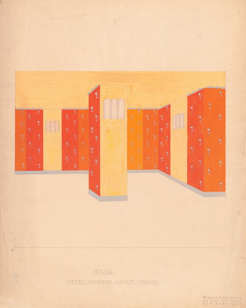 Winold Reiss - Interior perspective drawings of Hotel Siwanoy, Mount Vernon, NY.] [Interior perspective study of Grill in red, yellow, and orange