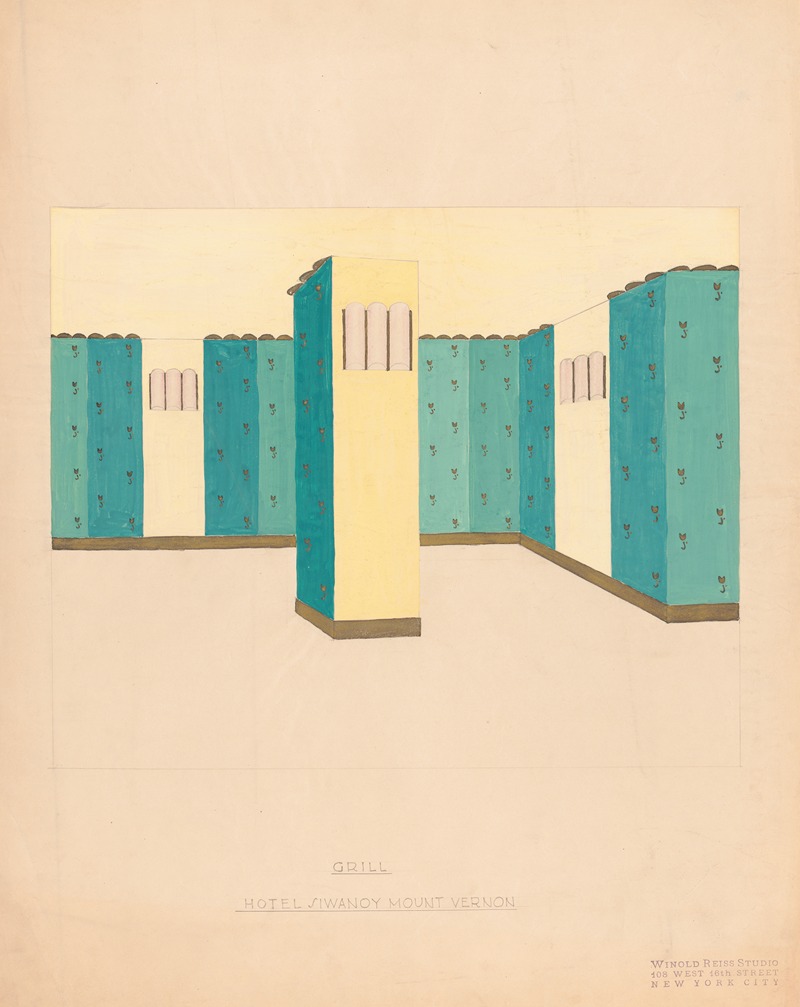 Winold Reiss - Interior perspective drawings of Hotel Siwanoy, Mount Vernon, NY.] [Interior perspective study of Grill in yellow, blue, and green]