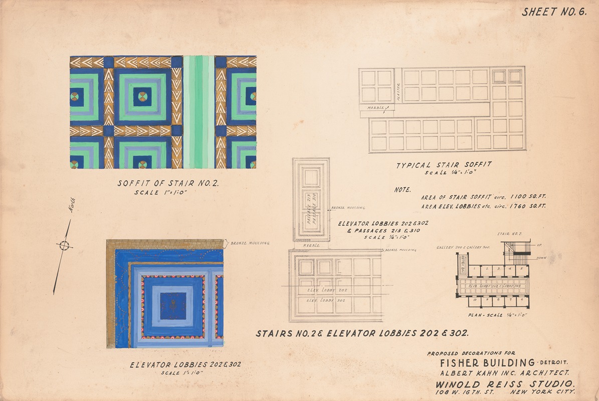 Winold Reiss - Proposed decorations for Fisher Building, Detroit.] [Soffit of stair no. 2.] [Elevator lobbies 202 & 302