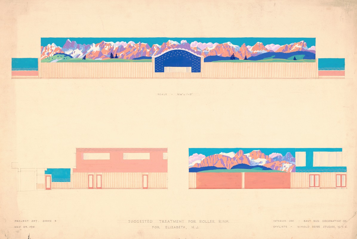 Winold Reiss - Proposed treatment for roller rink, Elizabeth, N.J.] [Wall elevations, alpine scheme