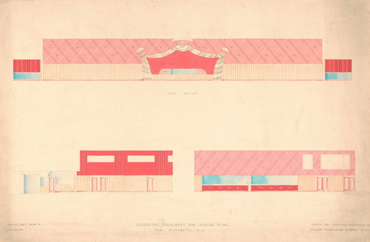 Winold Reiss - Proposed treatment for roller rink, Elizabeth, N.J.] [Wall elevations, royal scheme