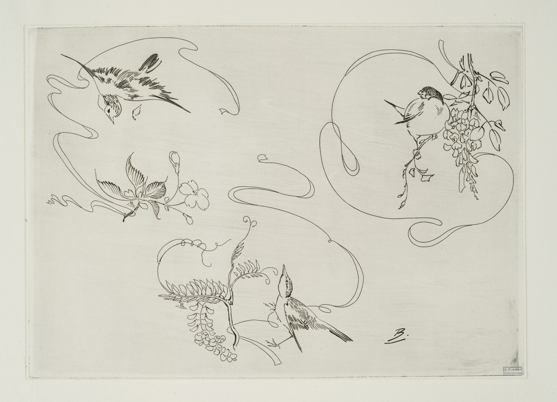 Félix Bracquemond - Assiette à dessert ; trois motifs composés chacun d’un ruban, d’une fleur et d’un oiseau