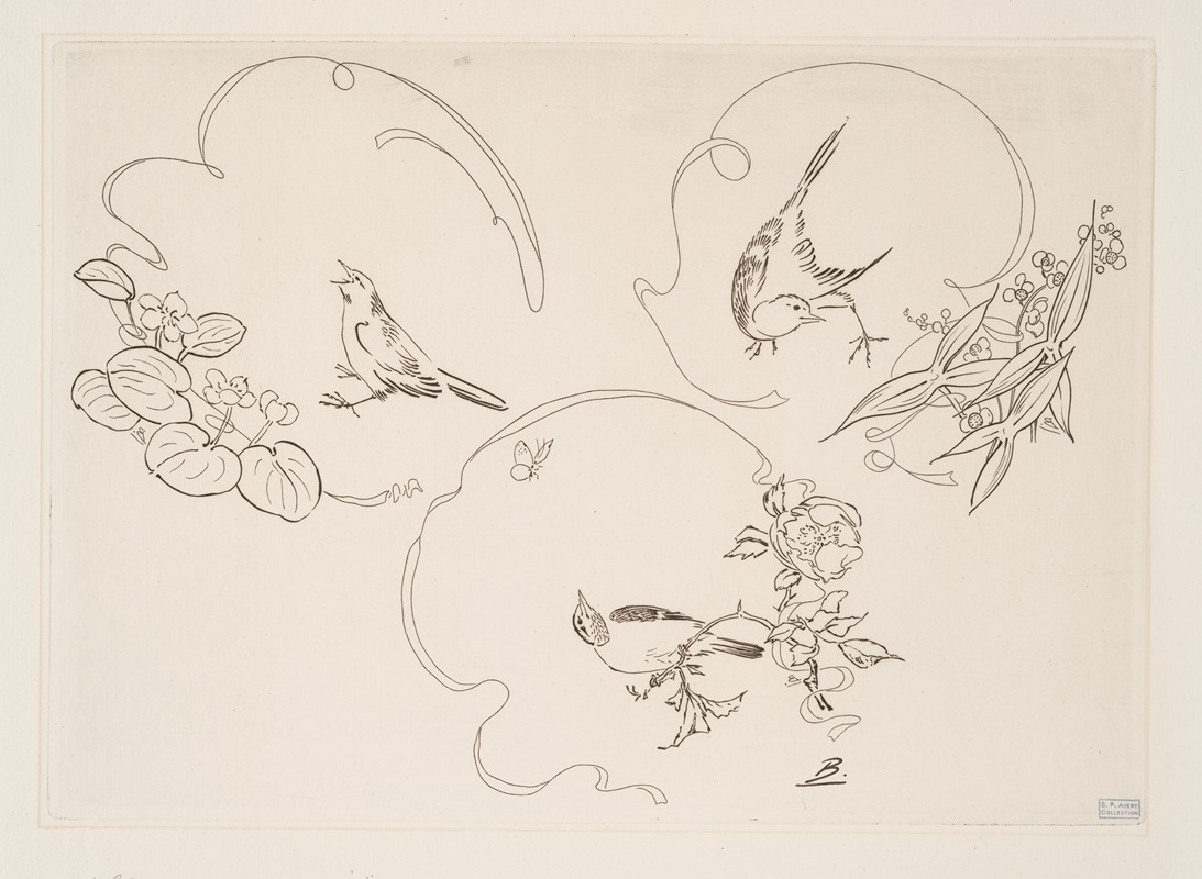Félix Bracquemond - Assiette à dessert; trois motifs composés chacun d’un ruban, d’une fleur et d’un oiseau.