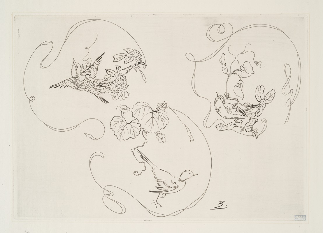 Félix Bracquemond - Assiette à dessert; trois motifs composés chacun d’un ruban, d’une fleur et d’un oiseau