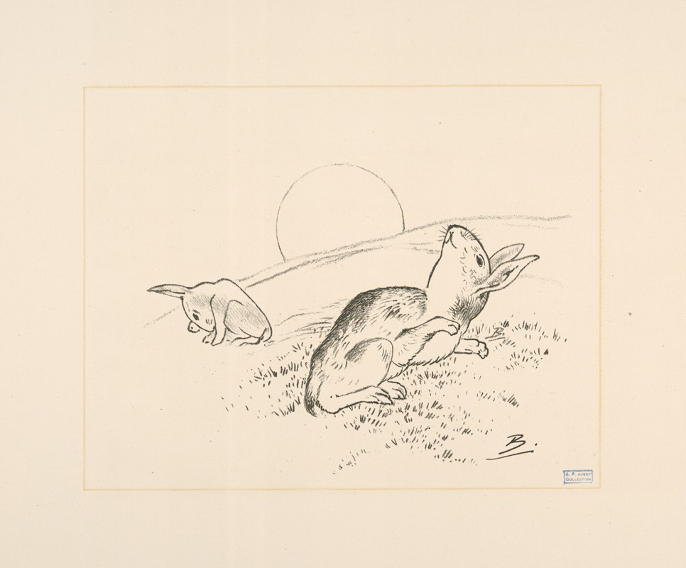 Félix Bracquemond - Deux lapins, la lune derrière colline.