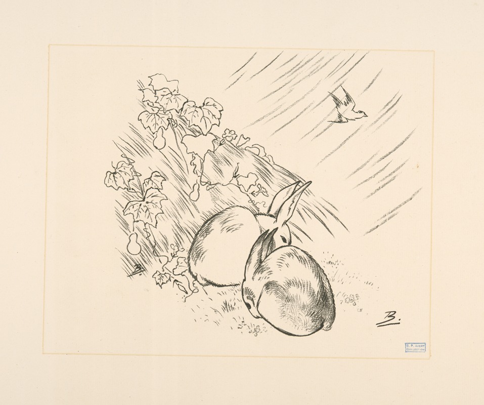 Félix Bracquemond - Deux lapins, la pluie, un oiseau qui vole.