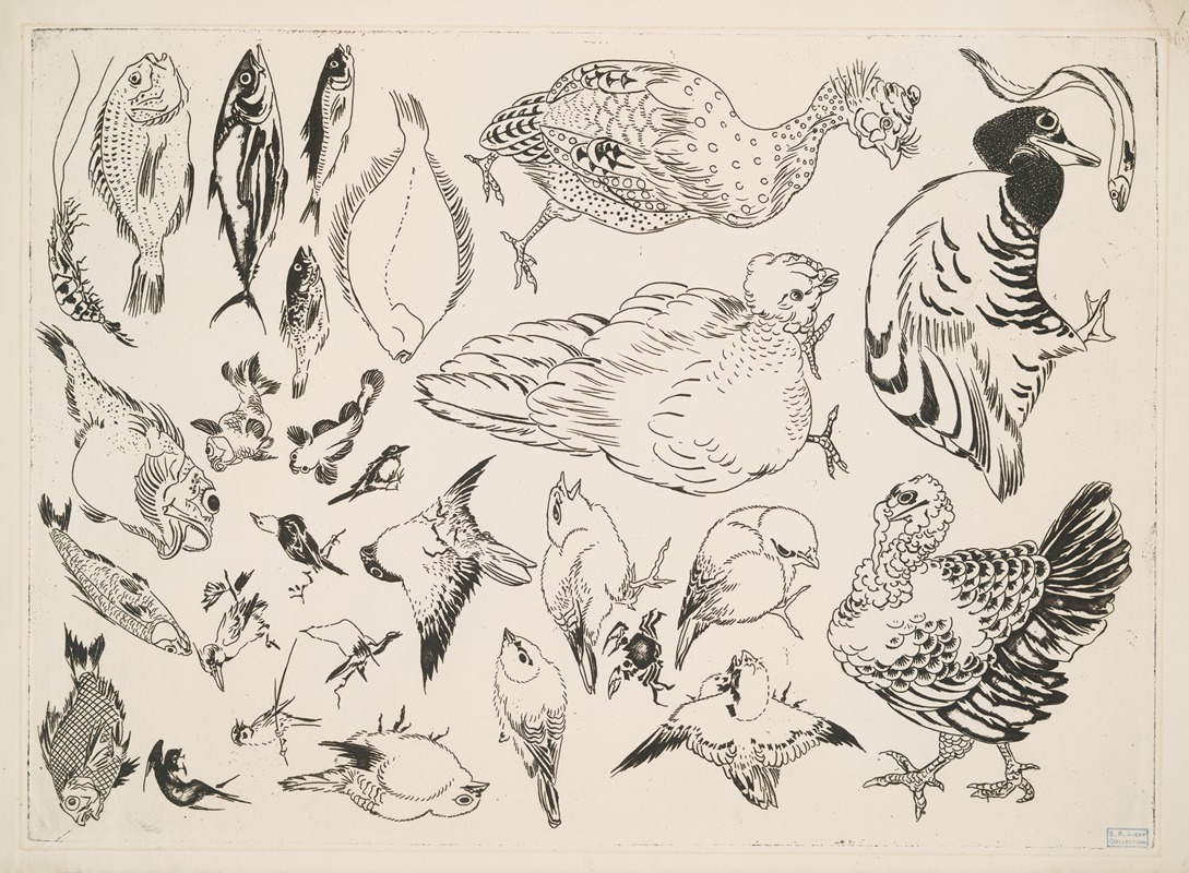 Félix Bracquemond - Poissons, oiseaux, poussin.