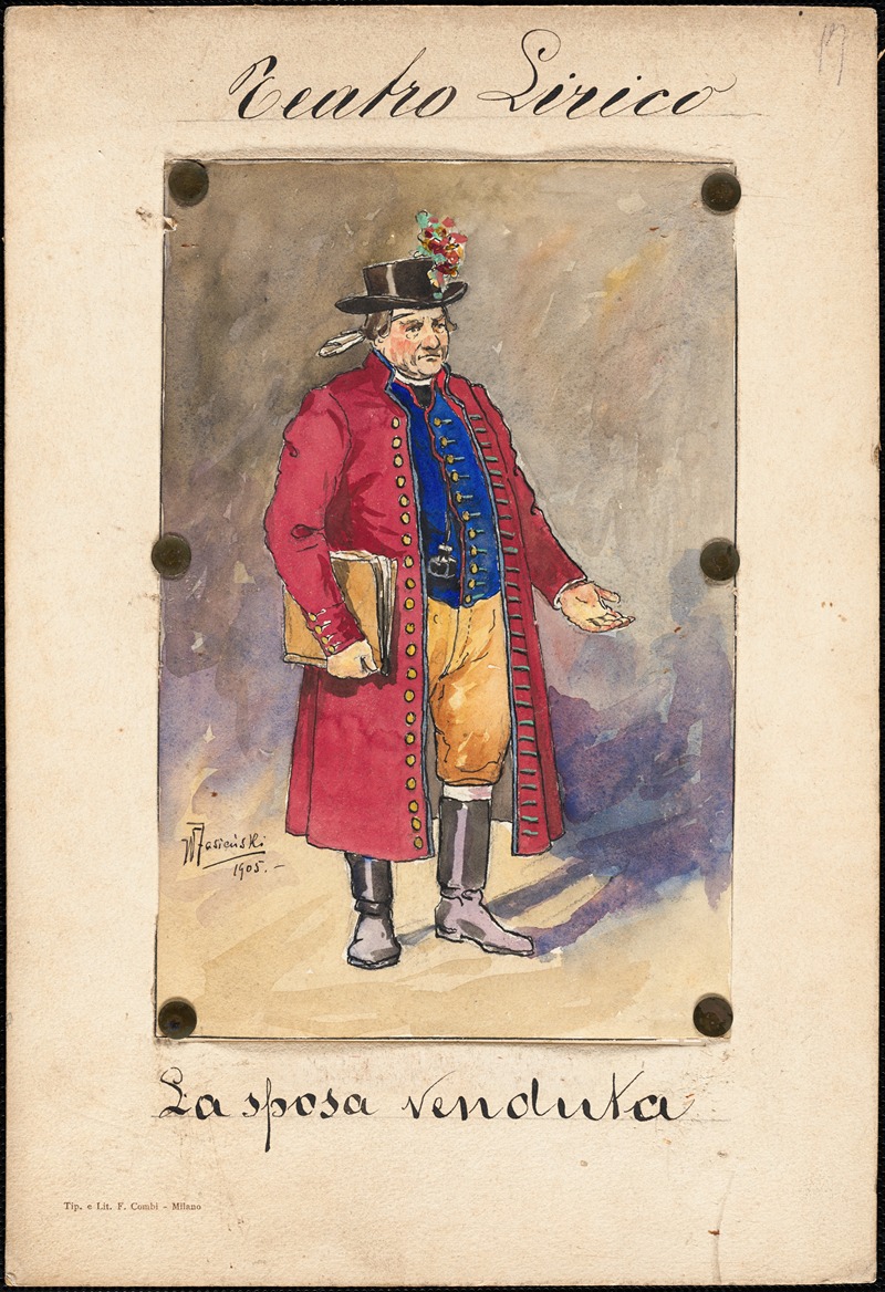 W. Fasienski - A man stands in three-quarter profile holding a book with his hand outstretched