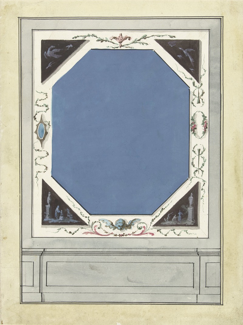 Abraham Meertens - Ontwerp voor kamerversiering met een paneel met centraal een blauwe achthoek