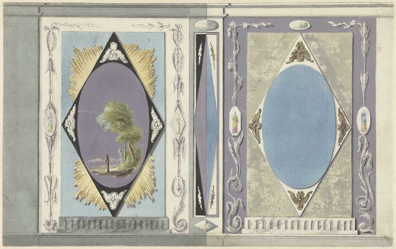 Abraham Meertens - Ontwerp voor kamerversiering met twee panelen met een ovaal in een ruit