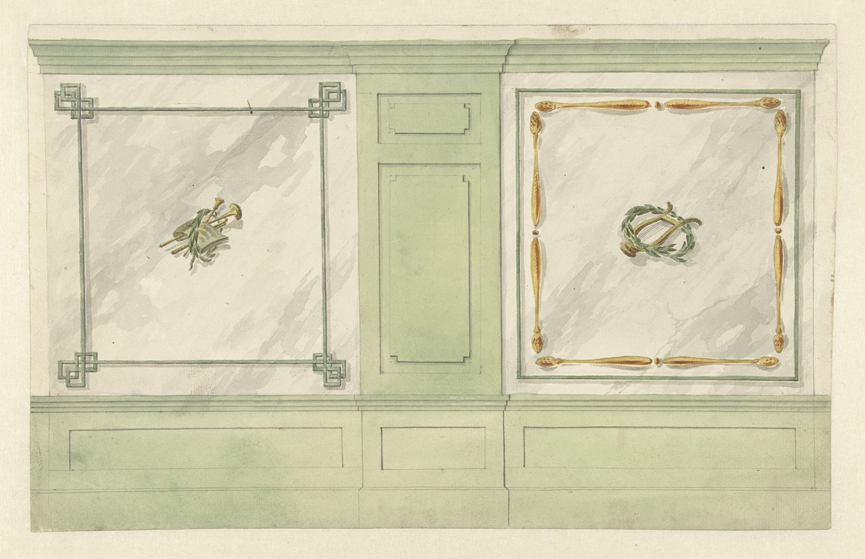 Abraham Meertens - Ontwerp voor kamerversiering met twee panelen met ornamenten van muziekinstrumenten