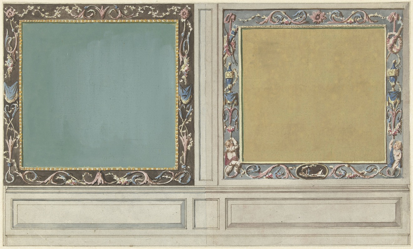 Abraham Meertens - Ontwerp voor kamerversiering met twee rechthoekige panelen in geel en groen