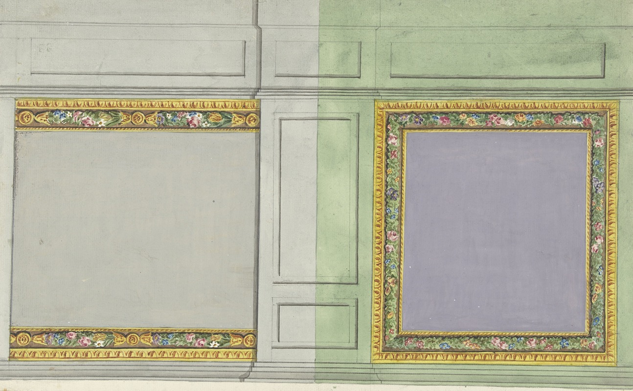 Abraham Meertens - Ontwerp voor kamerversiering met twee rechthoekige panelen in paars en grijs
