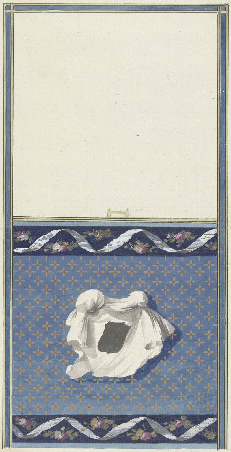Abraham Meertens - Ontwerp voor kamerversiering met verticaal twee panelen, de onderste met een witte doek op een sterrenfond