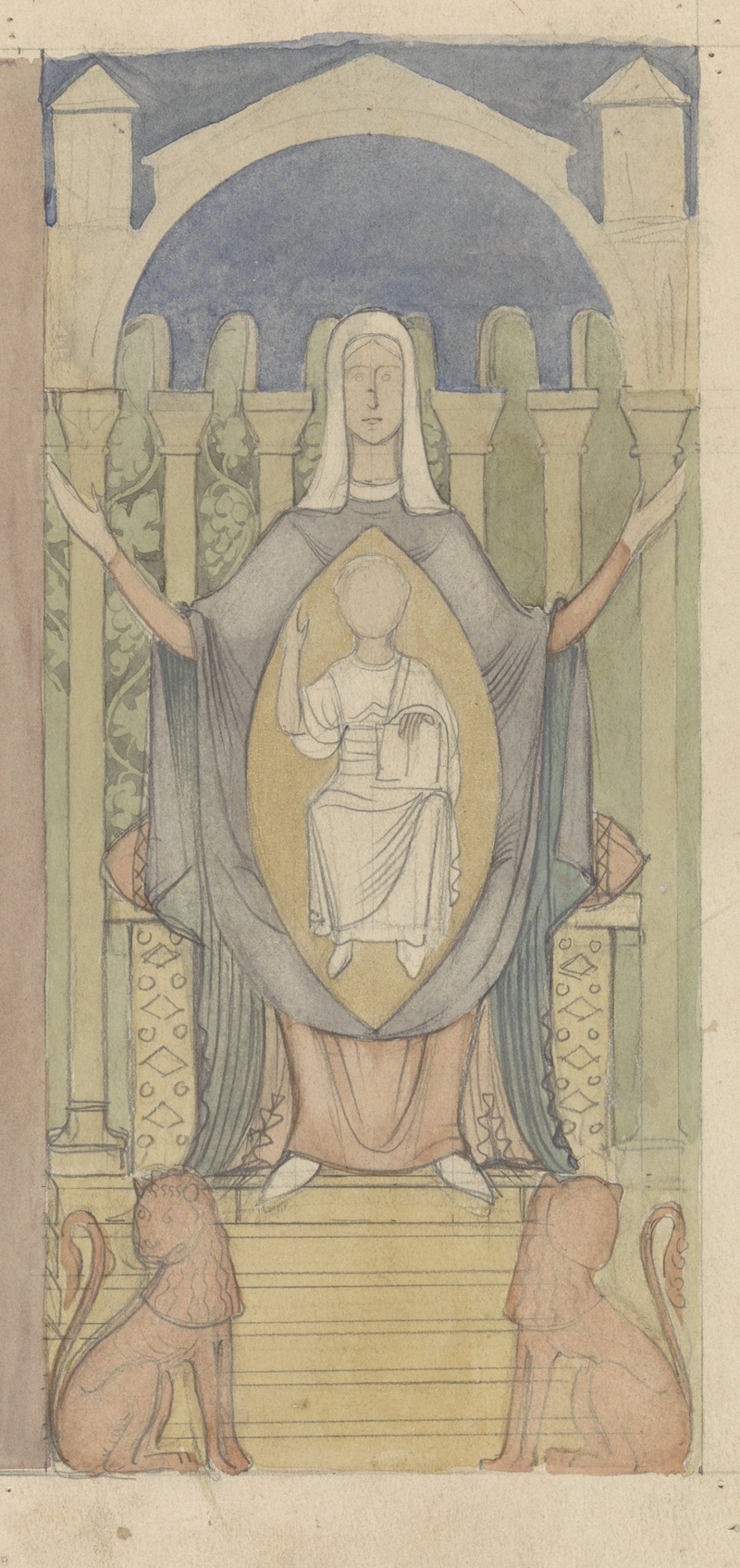 Antoon Derkinderen - Maria met Christuskind, zittend op de troon van Salomo