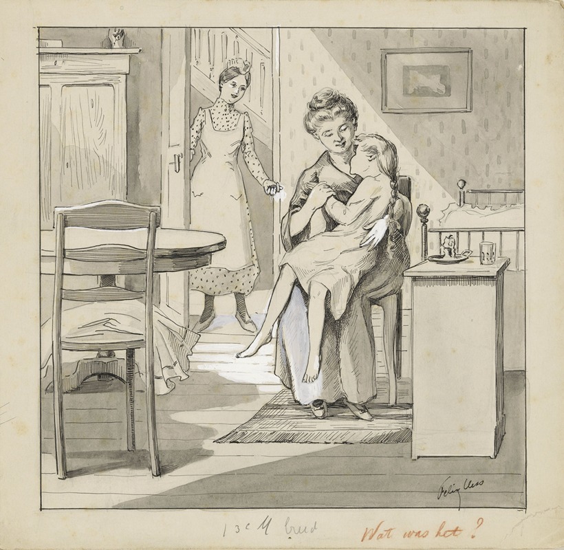 Felix Hess - Meisje zit op schoot bij een vrouw in een slaapkamer