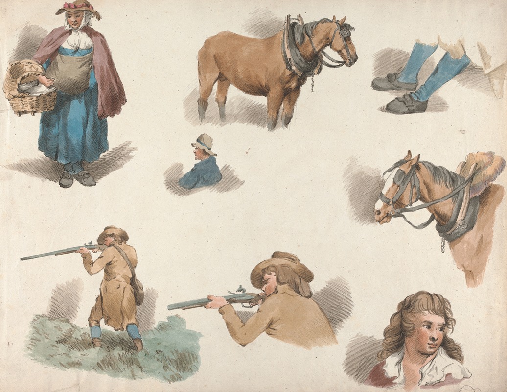 George Morland - Eight studies; Woman with Basket, Blinkered Cart Horse, etc.