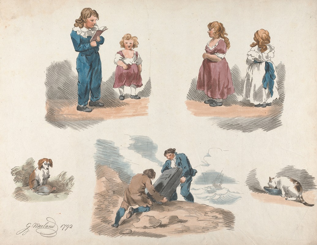 George Morland - Studies of Children, a Dog, a Cat, etc.