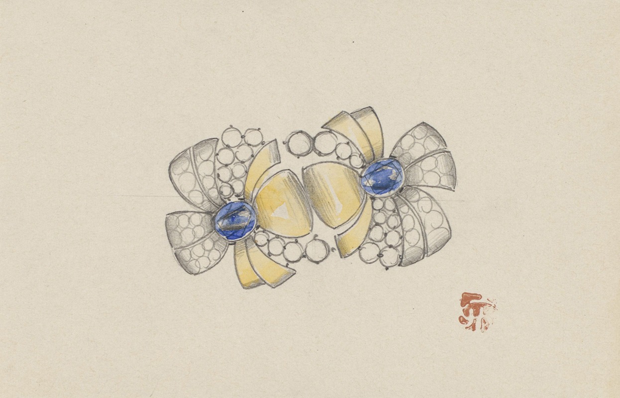 Jules Chadel - Ontwerp voor juweel in de vorm van twee gestileerde bloemen, met goud en saffieren