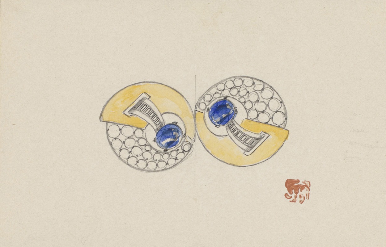 Jules Chadel - Ontwerp voor juweel, opgebouwd uit twee ronde helften, met goud, saffieren en briljanten