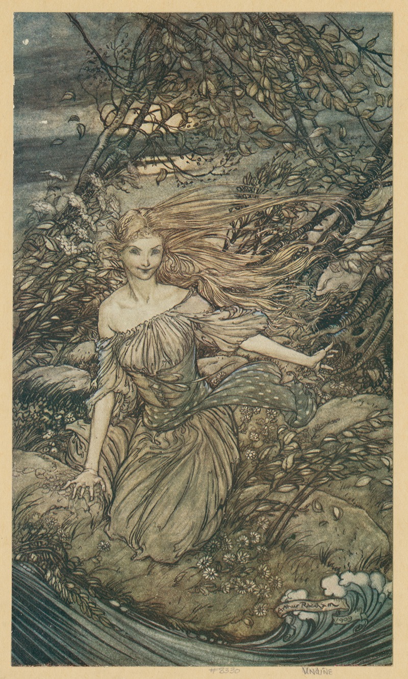 Arthur Rackham - He saw by the moonlight momentarily unveiled, a little island encircled by the flood ; and there under the branches of the overhanging trees was Undine.
