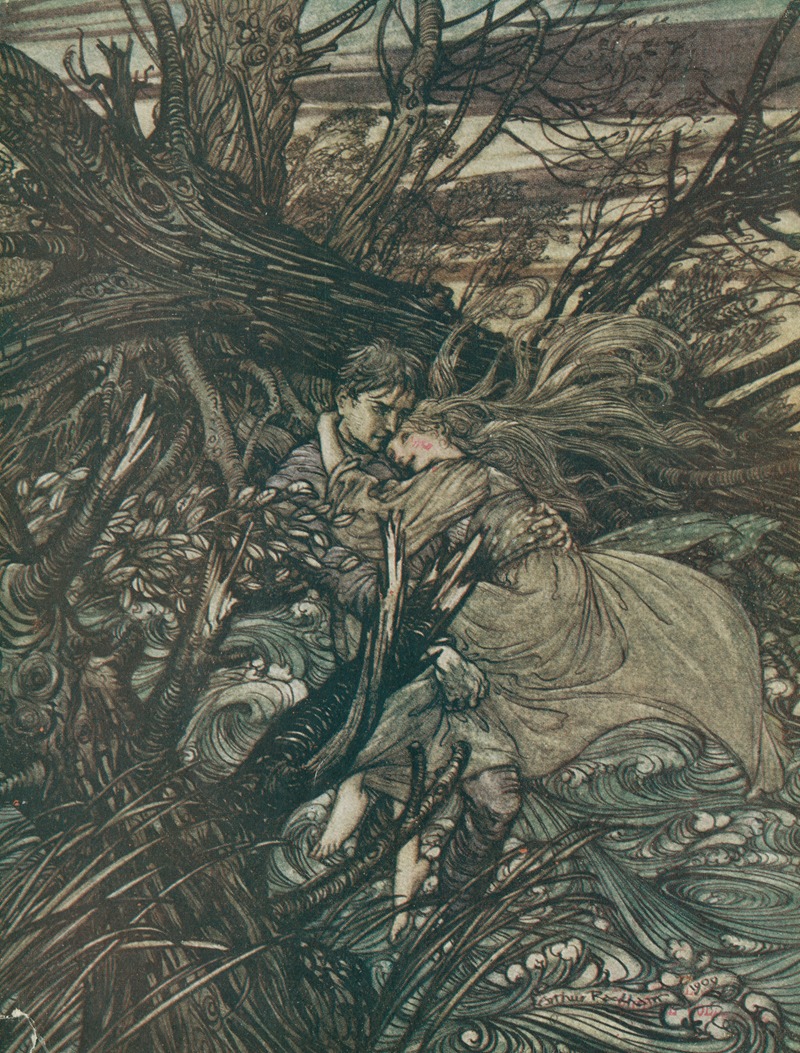 Arthur Rackham - ‘The knight took the beautiful girl in his arms and bore her over the narrow space where the stream had divided her little island from the shore.’