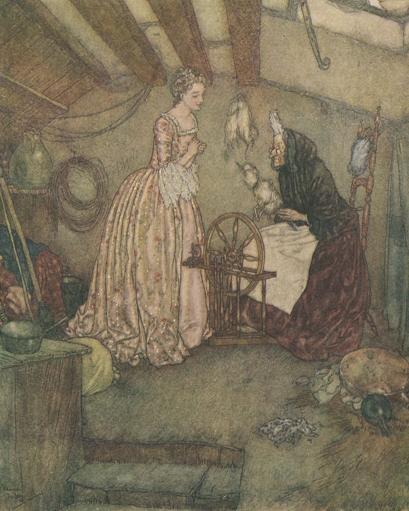Edmund Dulac - Sleeping Beauty watching an old woman spin.