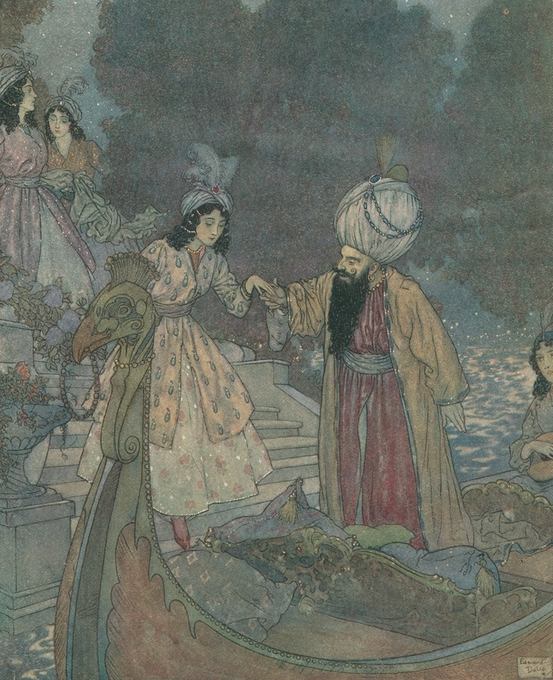 Edmund Dulac - They were rowed to the sound of music on the waters of their host’s private canal