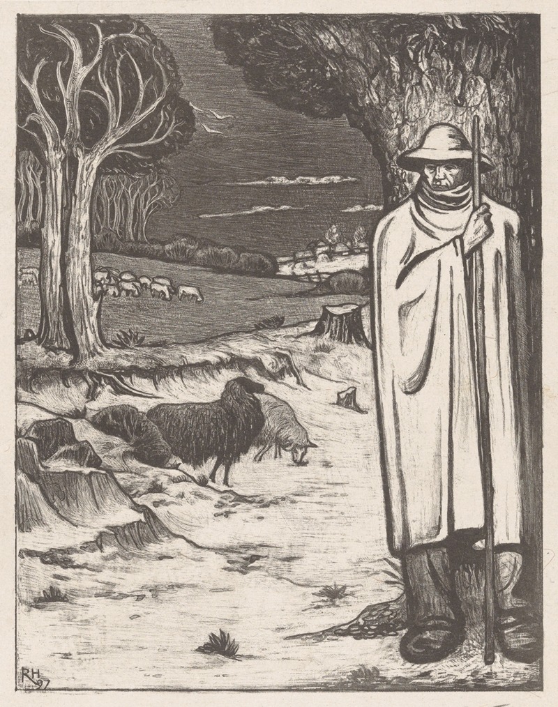 Richard Nicolaüs Roland Holst - Herder met een kudde schapen in een heuvellandschap