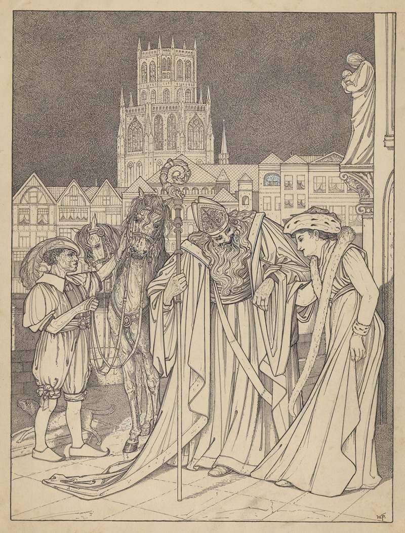 Willem Pothast - Sint Nicolaas met een vrouw, Piet en twee paarden