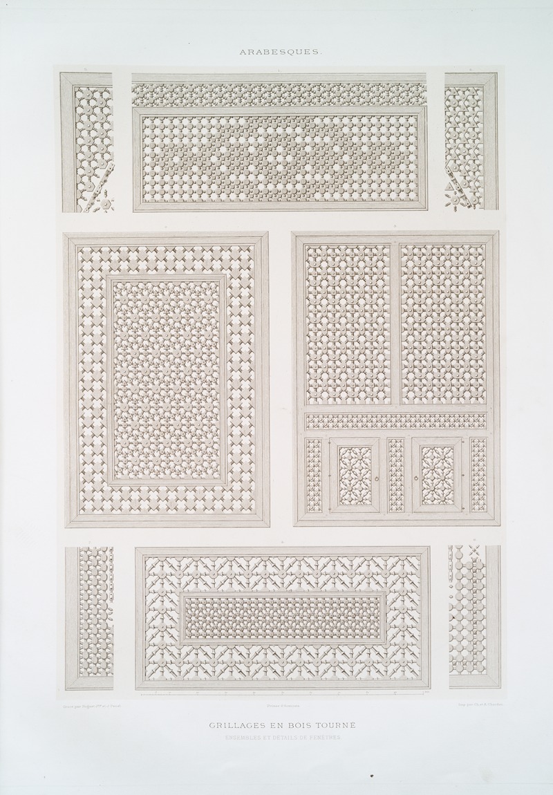 Émile Prisse d'Avennes - Arabesques; grillages en bois tourné; ensembles et détails de fenêtres