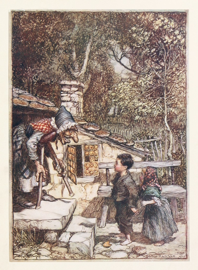 Arthur Rackham - Ali at once the door opened and an old, old Woman, supporting herself on a crutch, came hobbling out