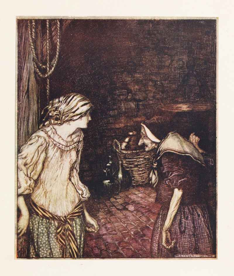 Arthur Rackham - At last she reached the cellar, and there she found an old, old woman with a shaking head