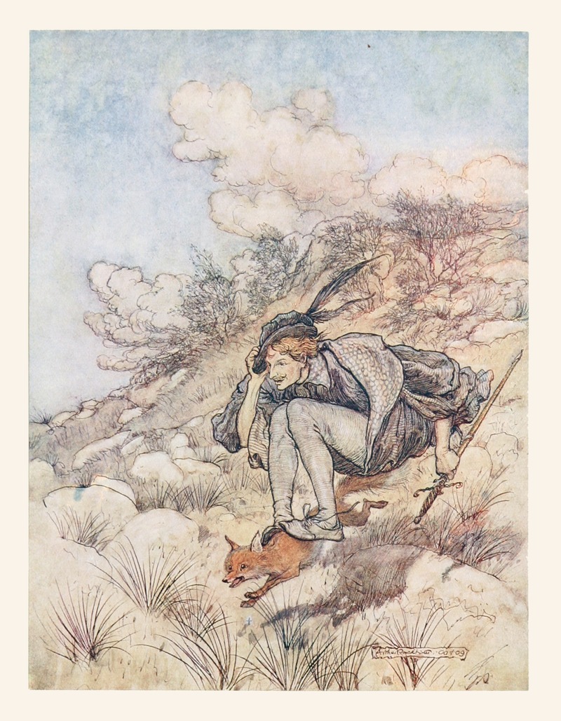 Arthur Rackham - Away they flew over stock and stone, at such a pace that his hair whistled in the wind