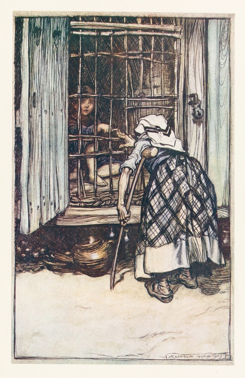 Arthur Rackham - Hansel put out a knuckle-bone, and the old Woman, whose eyes were dim, could not see, and thought it was his finger