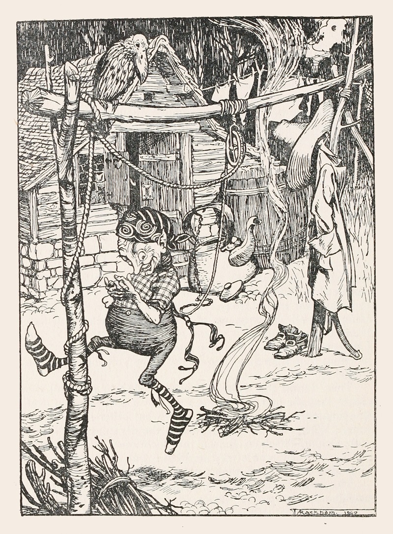 Arthur Rackham - Round the fire an indescribably ridiculous little man was leaping