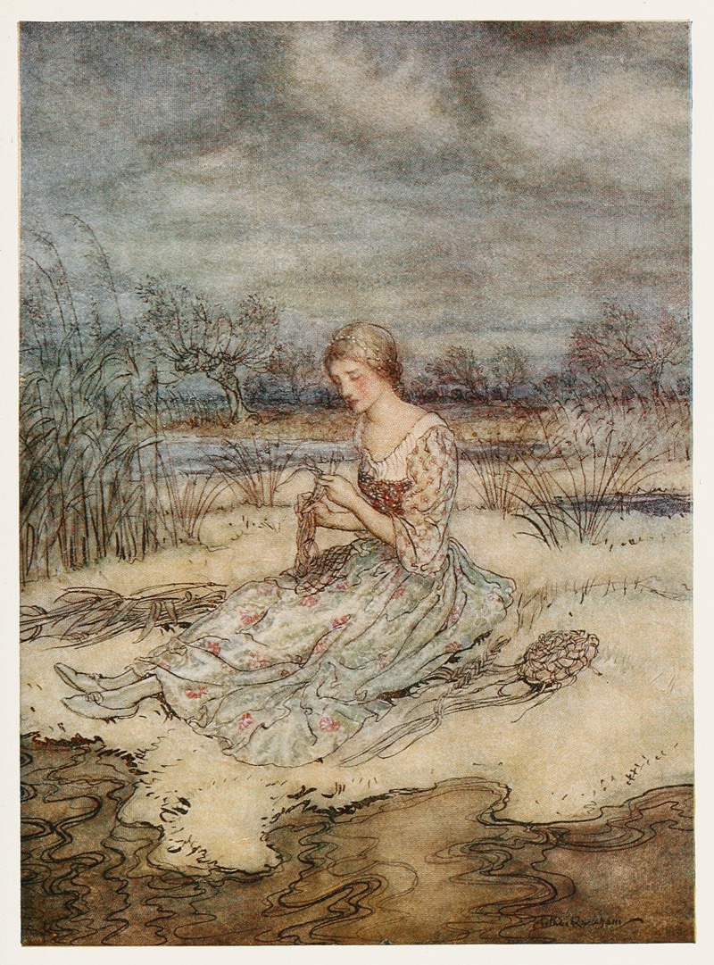 Arthur Rackham - She sate down and plaited herself an overall of rushes and a cap to match