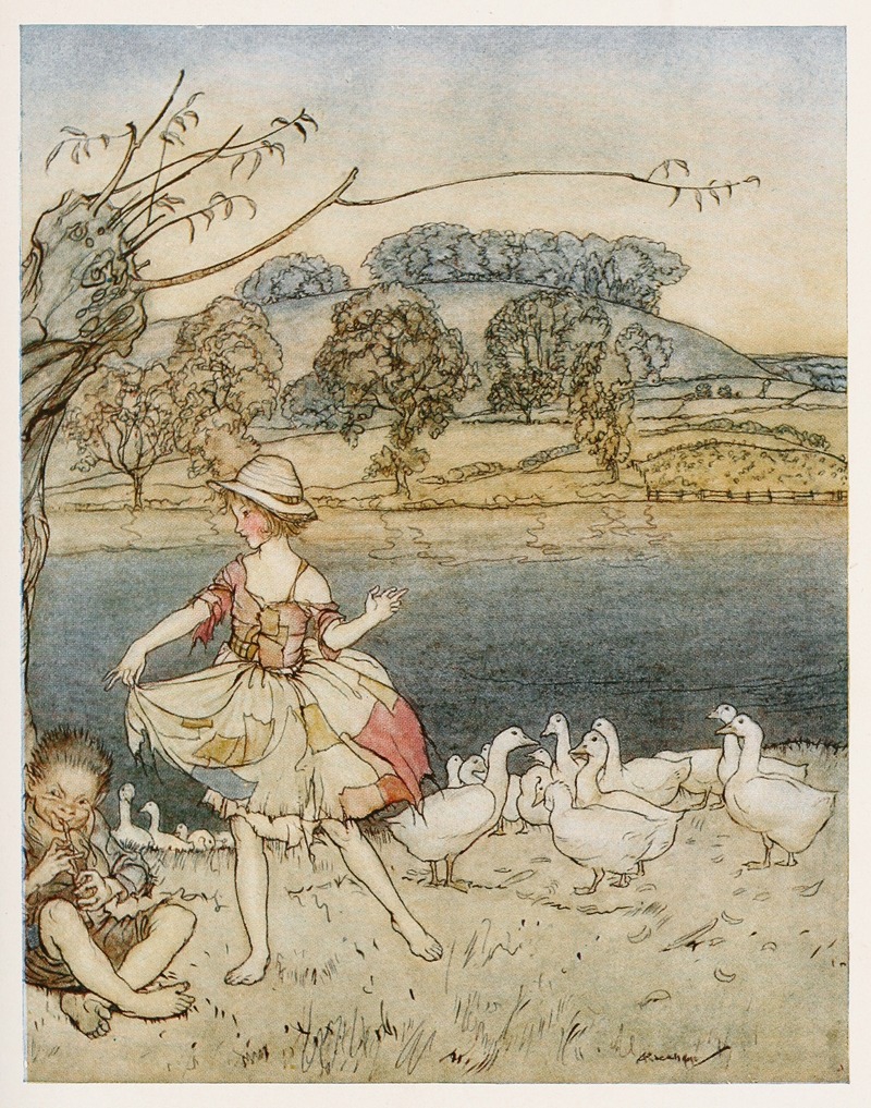 Arthur Rackham - Tattercoats dancing while the gooseherd pipes