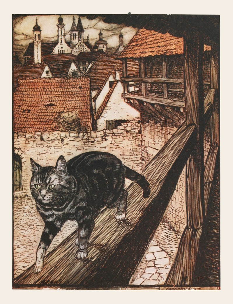 Arthur Rackham - The Cat stole away behind the city walls to the church